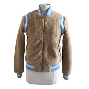 AMERICAN STITCH Bomber Jacket Womens Sz Small Tan Fleece Varsity Full Zip